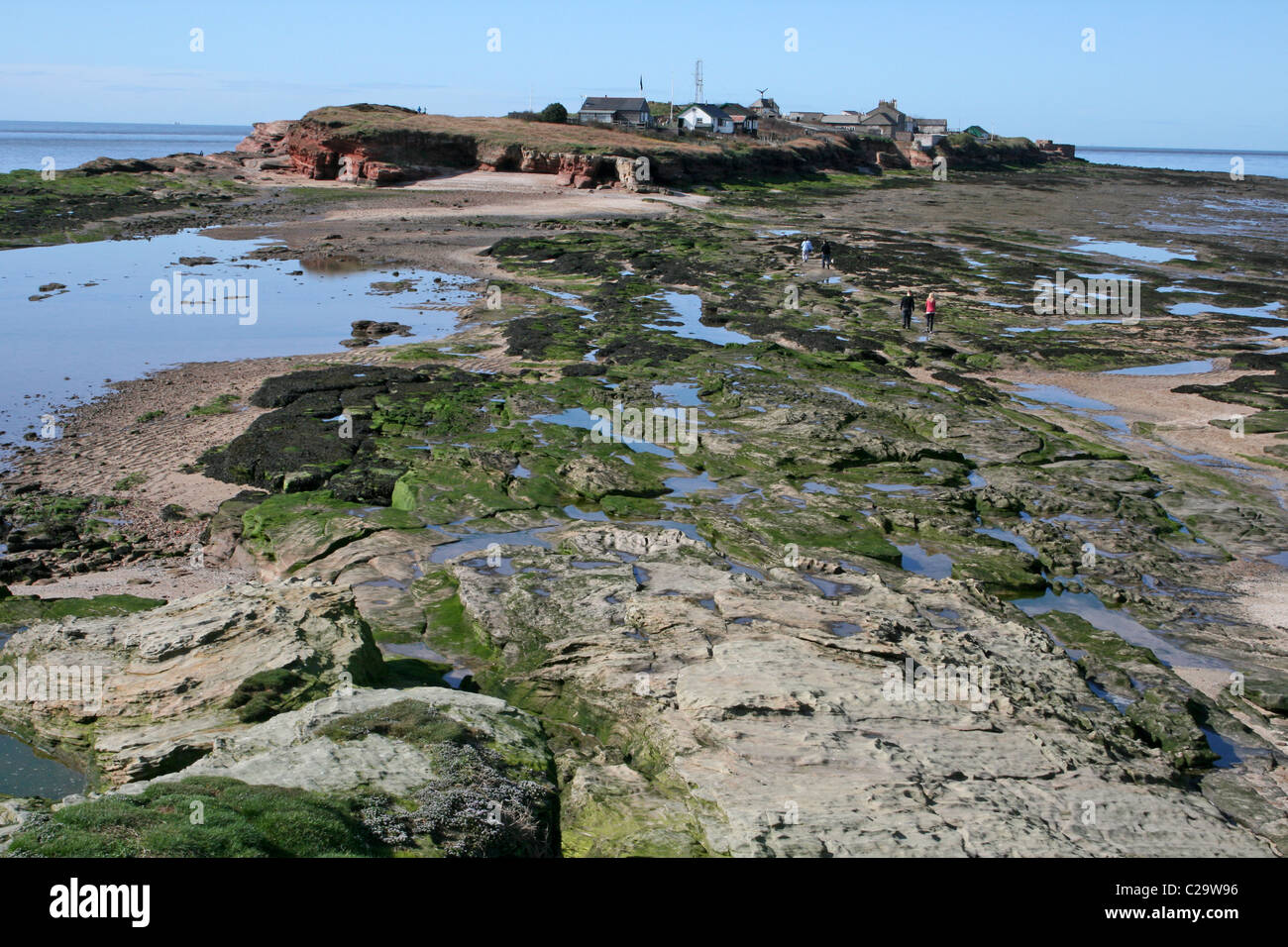 Felsige Küste bei Ebbe, mit Blick auf Hilbre Insel, Wirral, UK Stockfoto