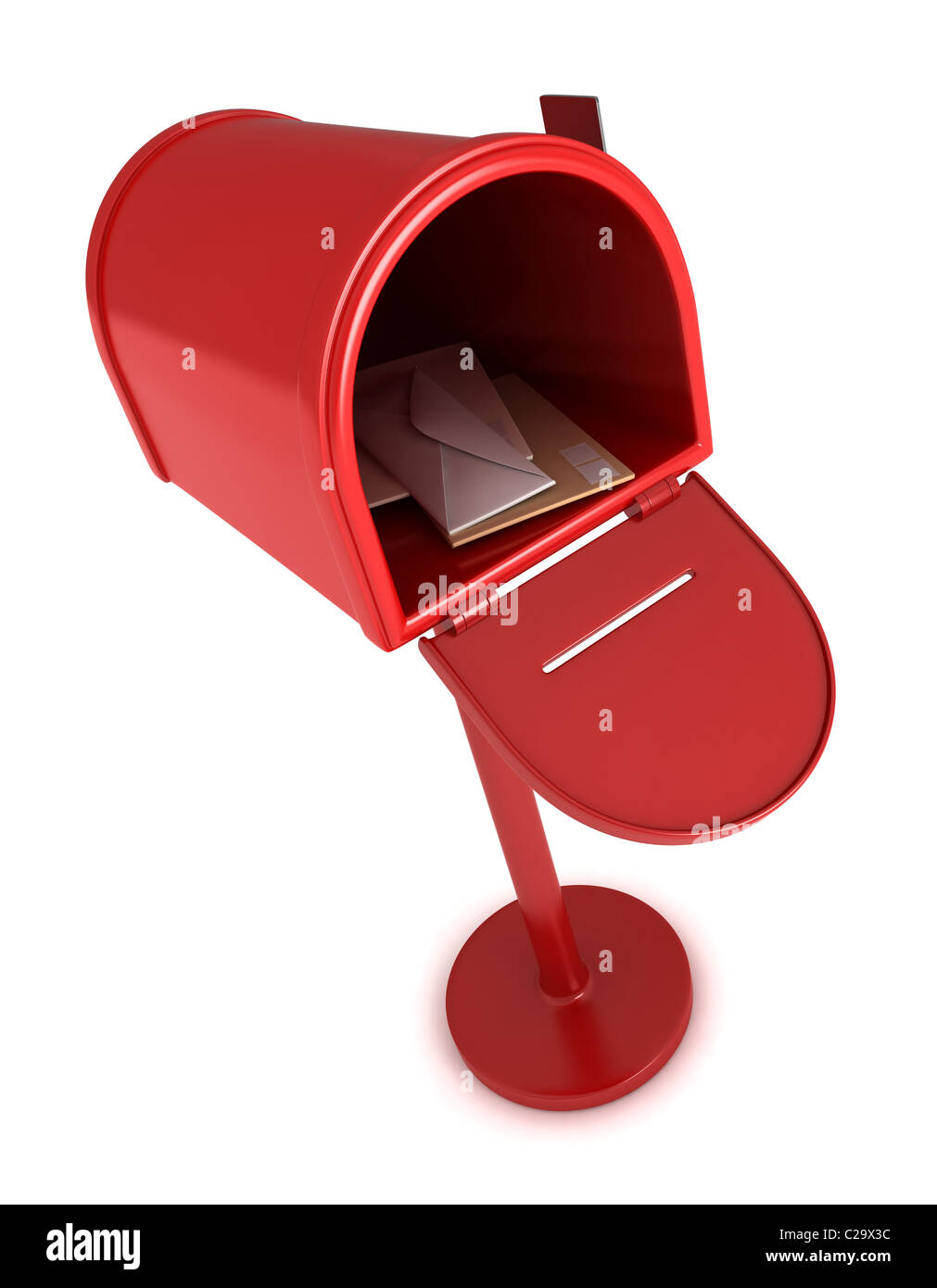 3D Abbildung eines geöffneten Postfachs mit Buchstaben innen Stockfoto