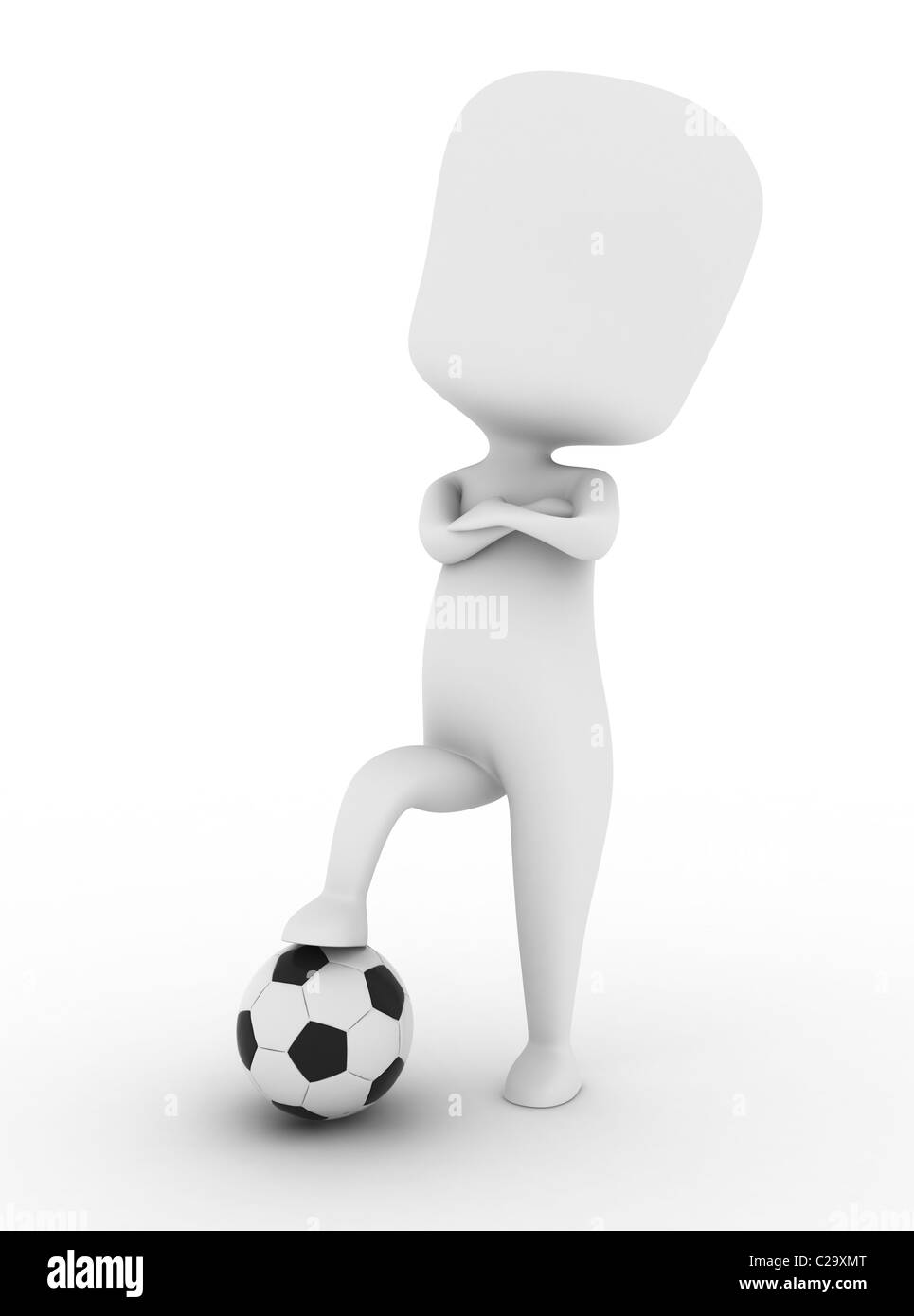 3D Abbildung eines stolzen Fußballspielers auf einen Ball treten Stockfoto