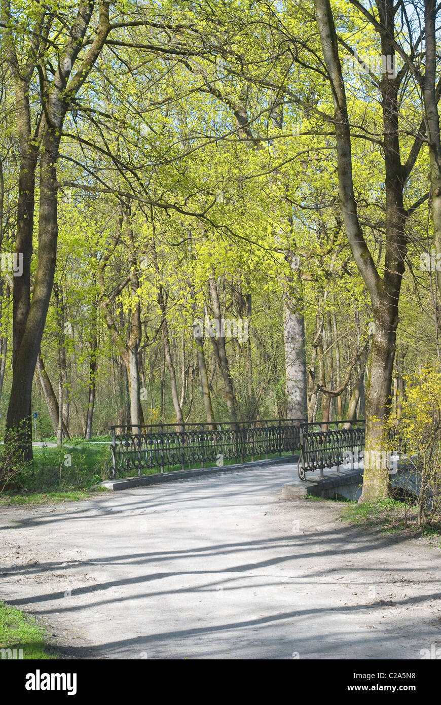 Gehweg mit Brücke durch friedliche Frühling Landschaft Stockfoto