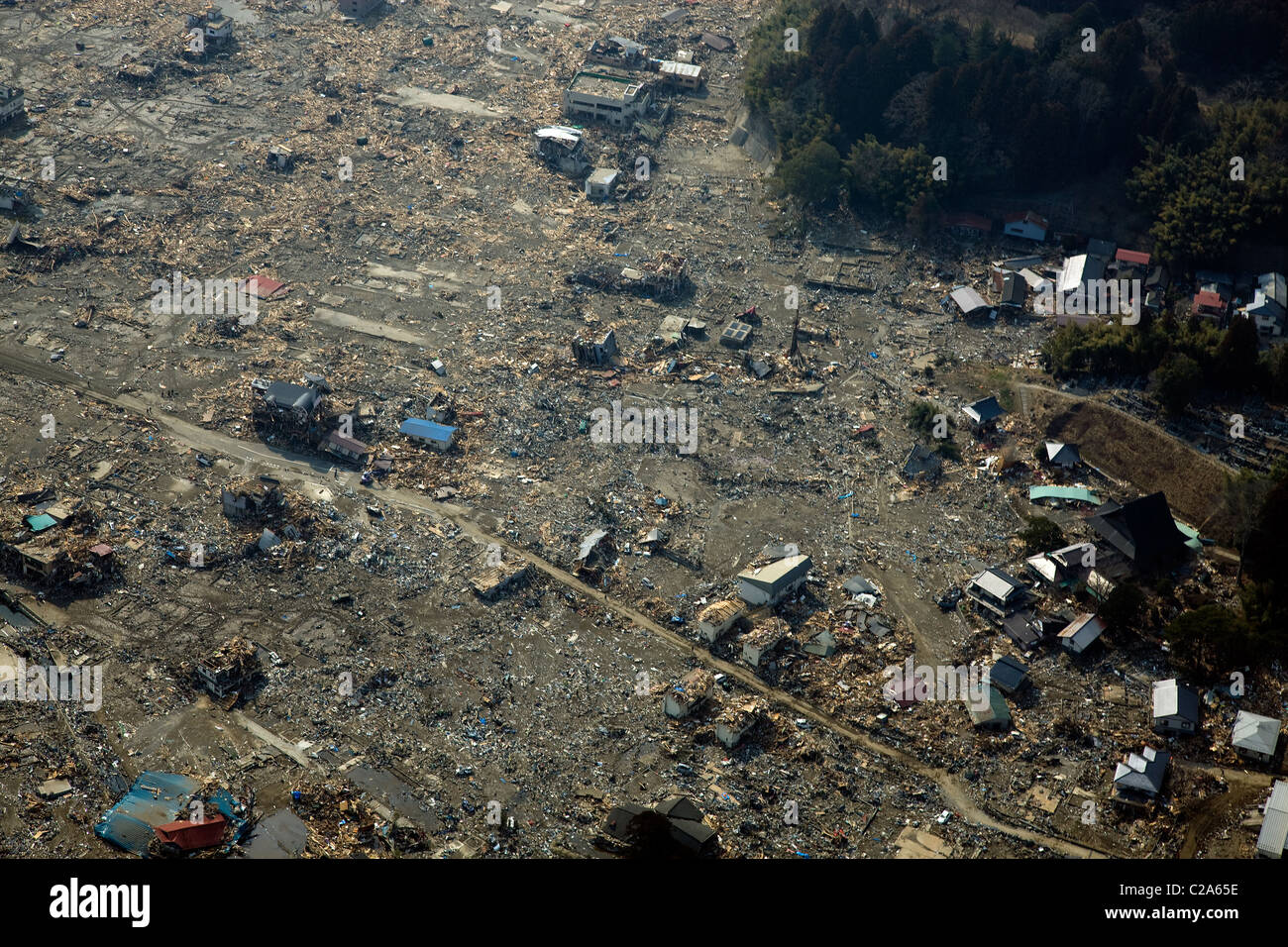 Luftaufnahme von Schäden an Rikuzentakata, Iwate Präfektur nach einer 9. 0 Erdbeben und der nachfolgende Tsunami verwüstet Stockfoto
