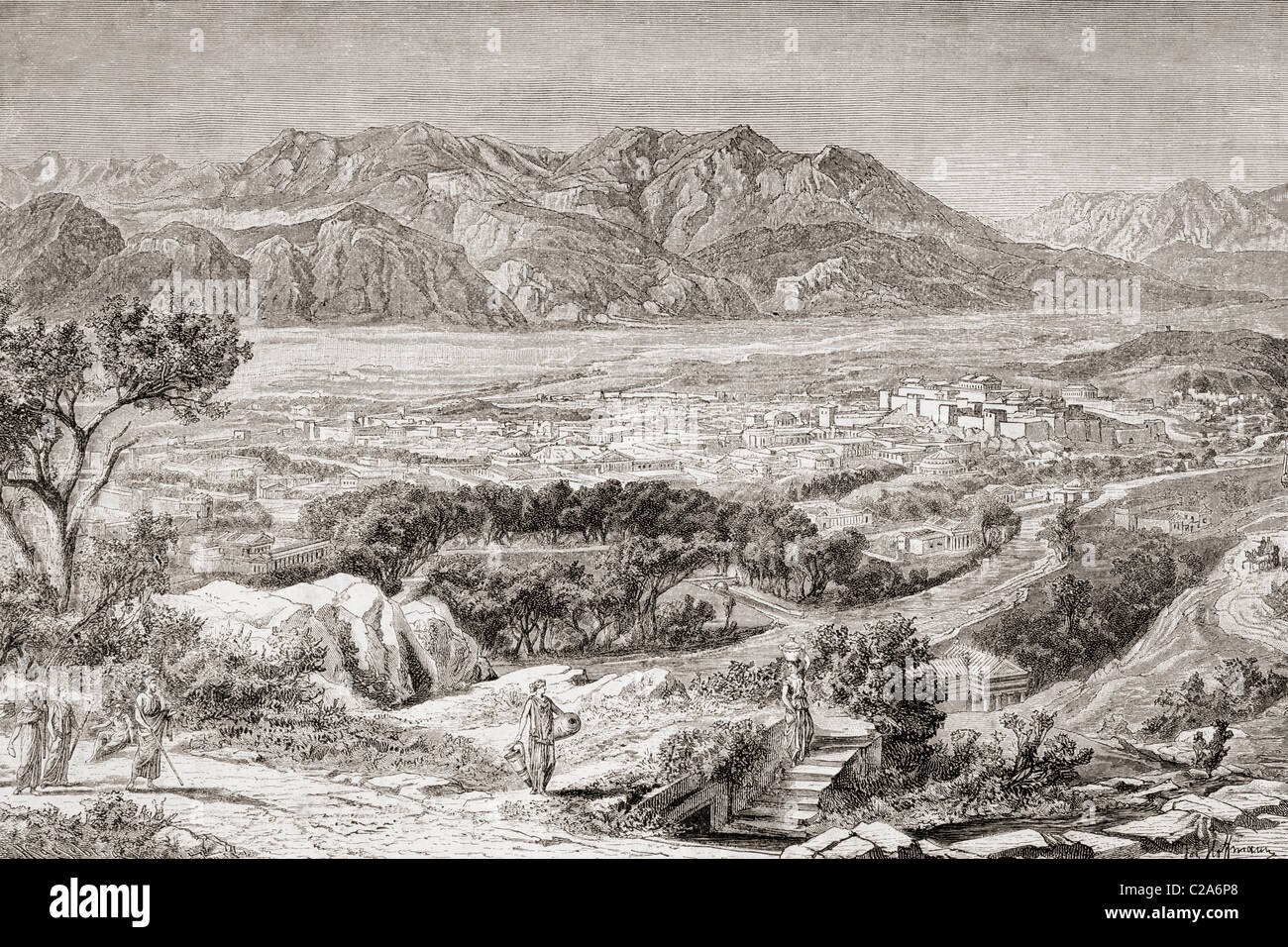 Imaginären Blick auf die Stadt des antiken Sparta mit Mt Taygetos hinter. Stockfoto