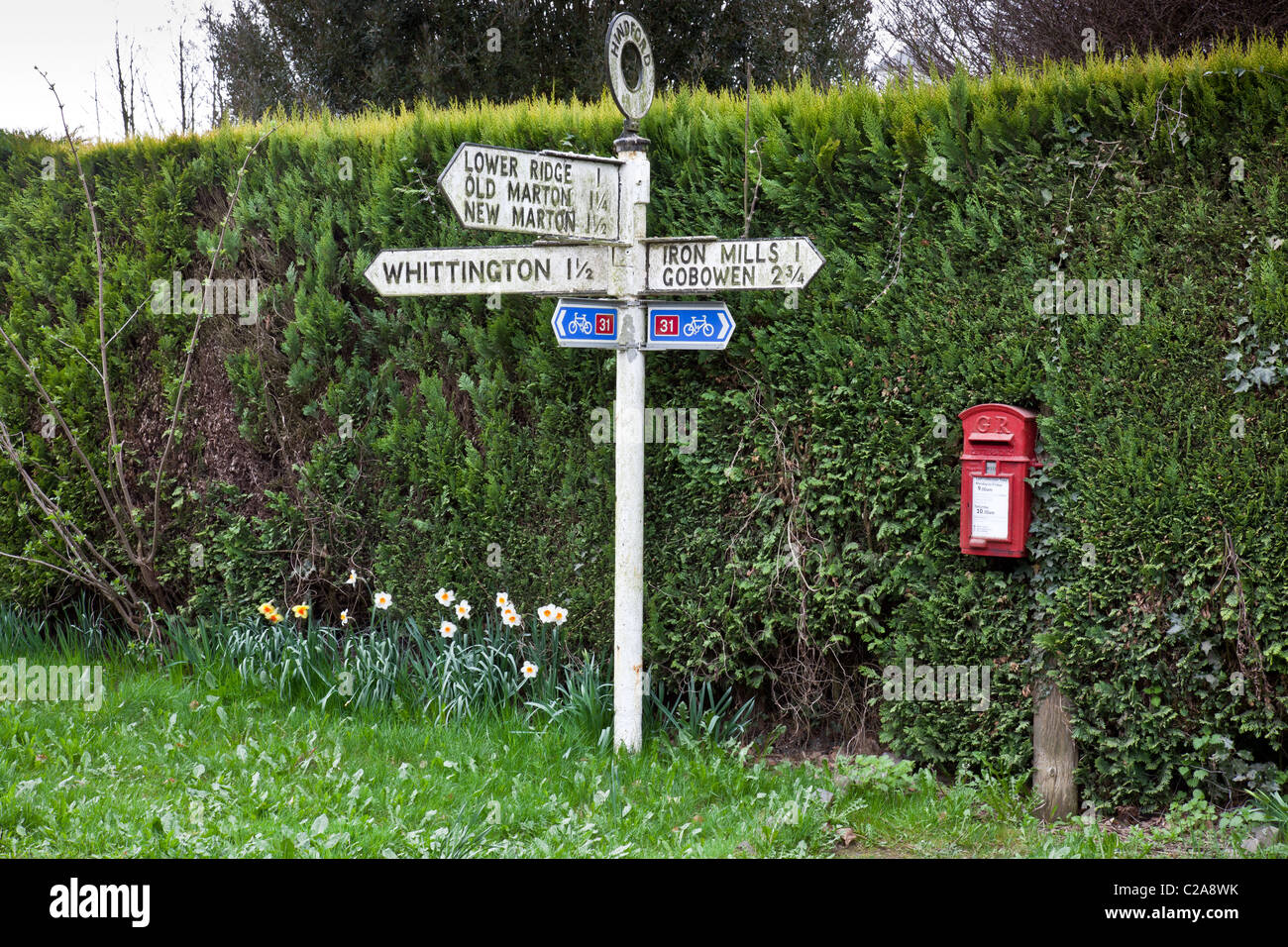 Straßenschild in Hindford, in der Nähe von Whittington, Shropshire Stockfoto