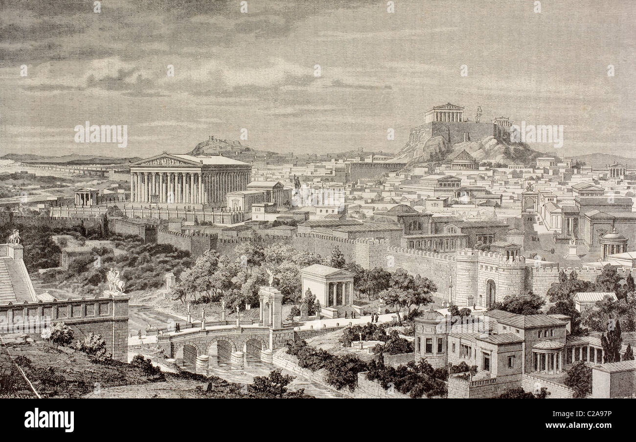 Künstlerische Darstellung von Athen zur Zeit des Kaisers Hadrian, 1. und 2. Jahrhundert n. Chr.. Stockfoto