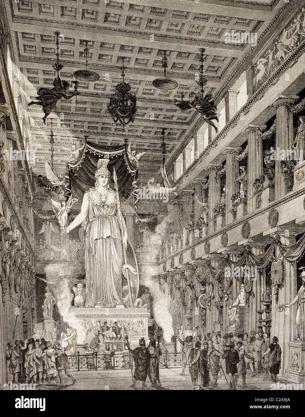 Künstlerische Darstellung des Parthenon, Athen, Griechenland, während der klassischen Periode. Statue der Göttin Athena, im Zentrum. Stockfoto