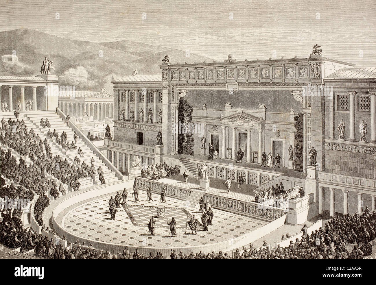 Künstler-Eindruck von einem rekonstruierten Theater des Dionysos, an den Hängen der Akropolis, Athen, Griechenland. Stockfoto