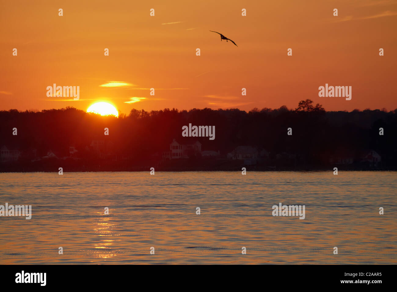 Die Sonne geht über dem Patuxent River vom Riverwalk am Solomons Insel, Maryland gesehen. Stockfoto