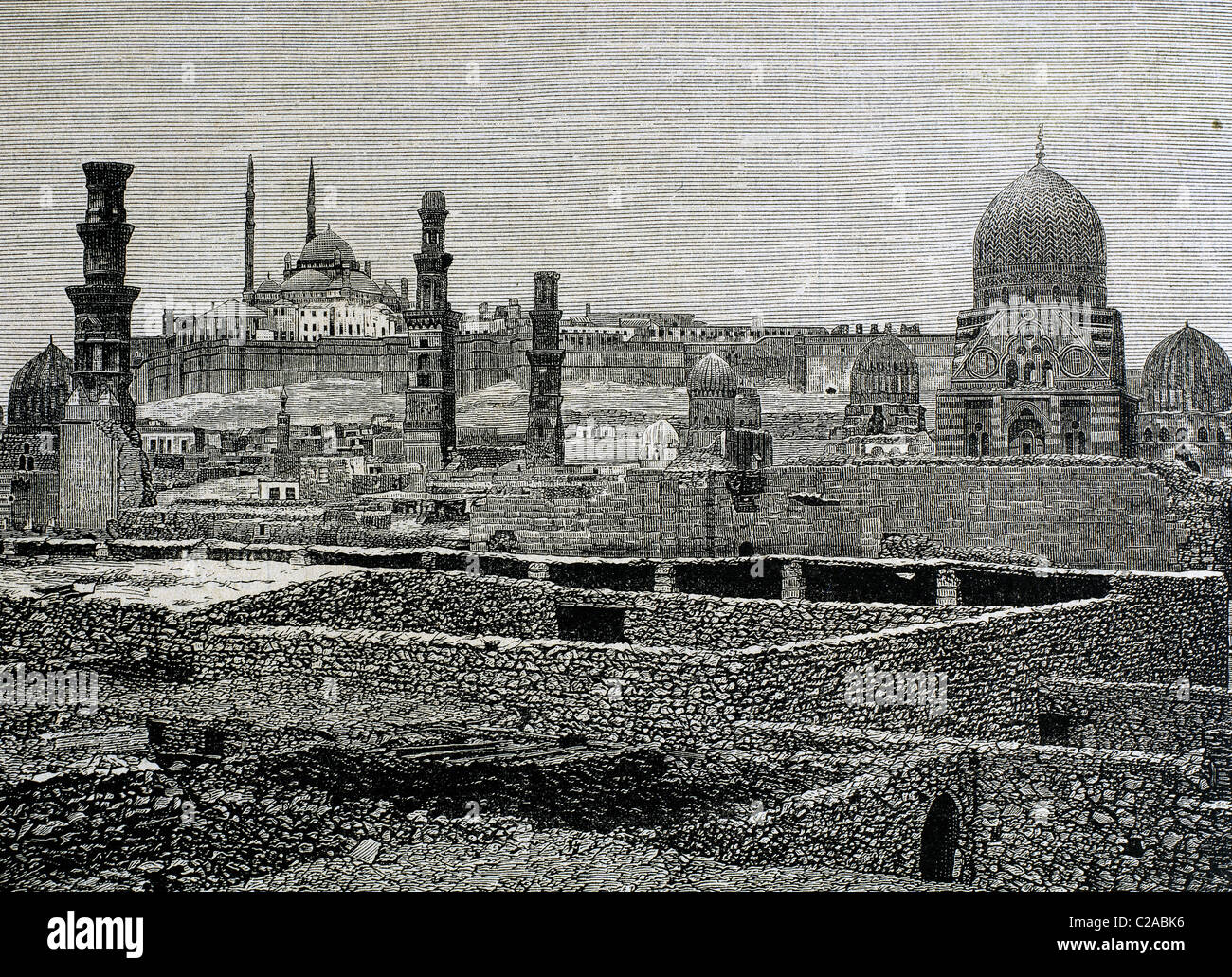 Ägypten. Kairo. Blick auf die Stadt mit der Zitadelle. 19. Jahrhundert-Gravur. Stockfoto