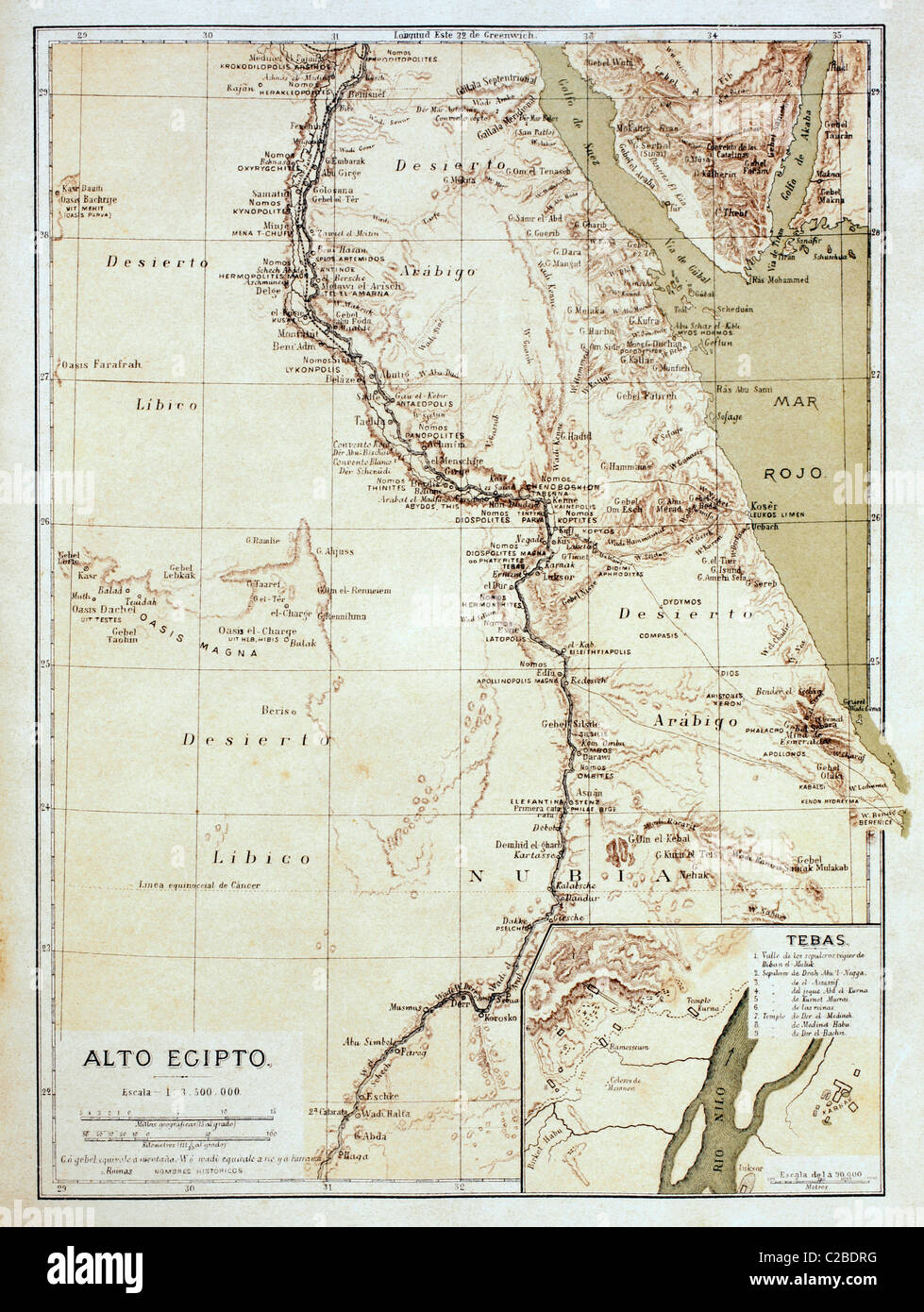 Karte von Oberägypten im späten 19. Jahrhundert. Stockfoto