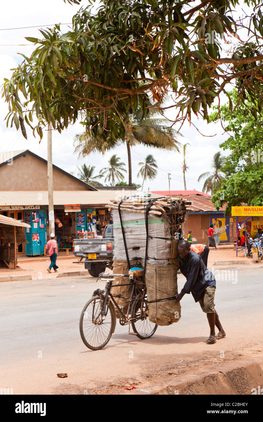 Afrikanischer Mann schob sein Fahrrad beladen mit Brennholz in Kisarwe Dorf in der Nähe von Daressalam / Tansania Stockfoto