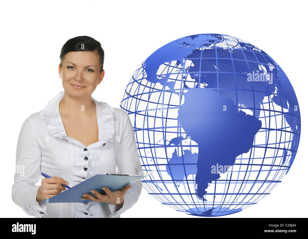 Der Kommentator der Nachrichten. Die Frauen mit dem virtuellen Globus auf einem Hintergrund Stockfoto