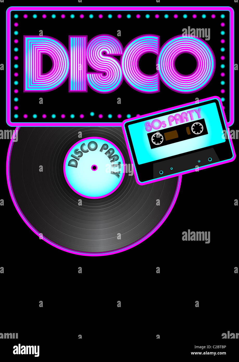 Party Hintergrund - leuchtenden Disco Zeichen, Vinyl-Schallplatte und Tonband Stockfoto