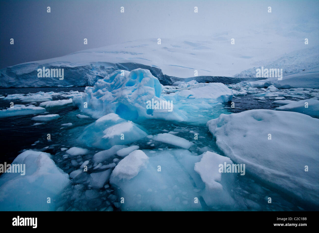 Eisberge Masse zusammen wo sie auf einer kleinen Insel Bucht gefangen sind. Stockfoto