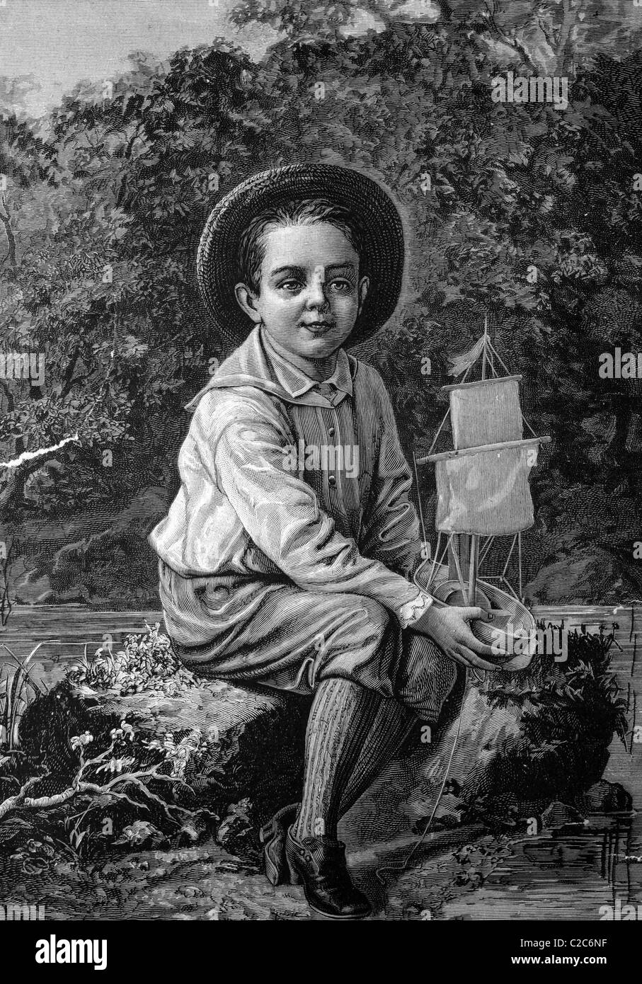Kind mit einem Modellschiff, historische Abbildung, ca. 1886 Stockfoto