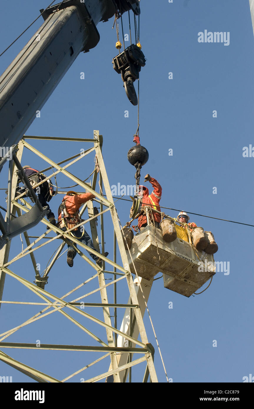Männer arbeiten auf hohen Stromleitungen und Turm Stockfoto