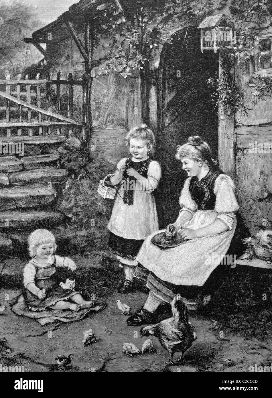 Kinder spielen mit Hühnern in einem Hof, historische Abbildung, ca. 1893 Stockfoto