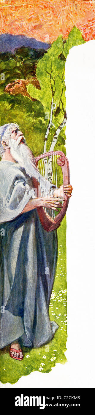 Laut der nordischen Mythologie war Bragi der Ehemann von Idun. Er wird hier gezeigt, eine Leier zu spielen. Stockfoto