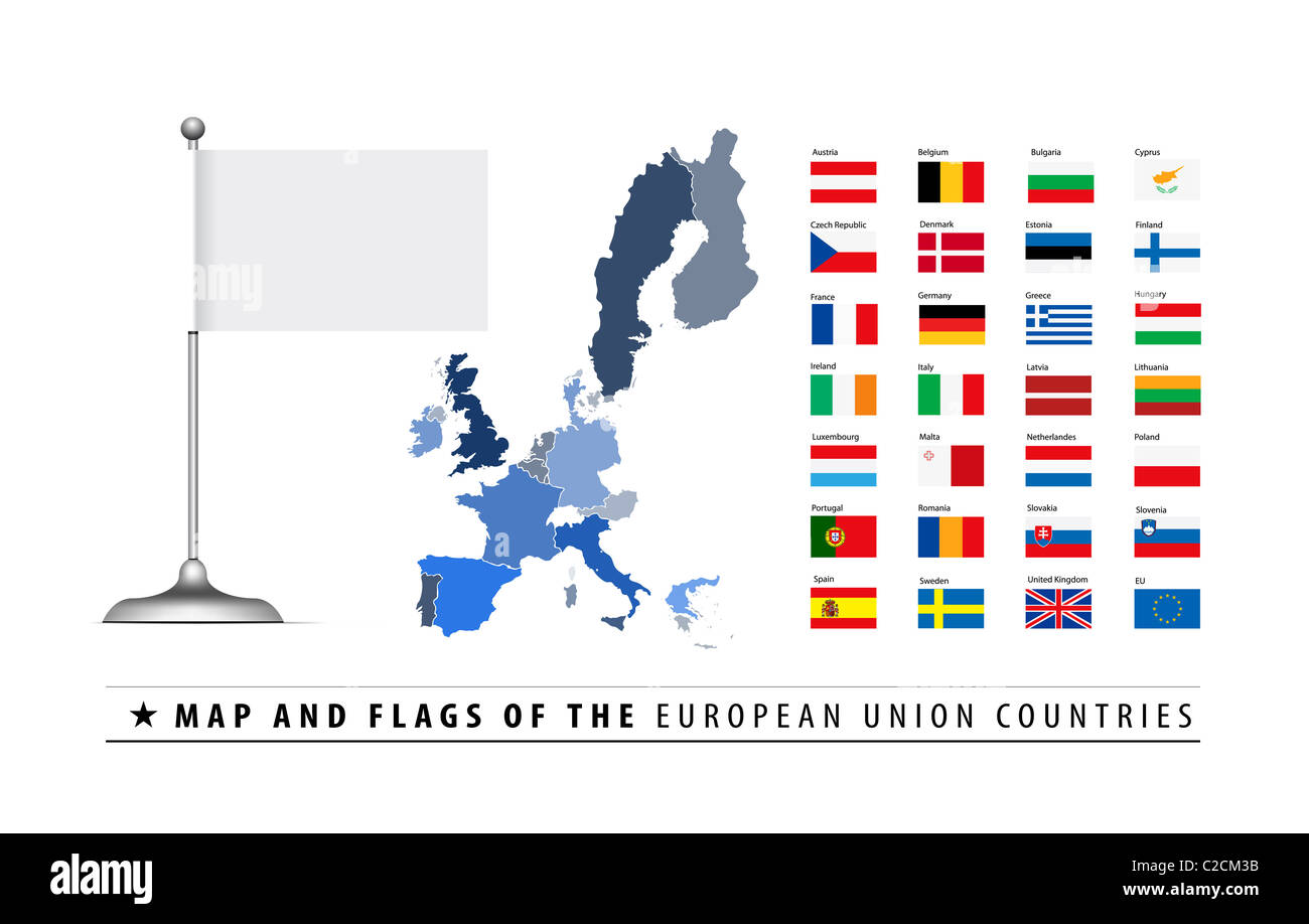 Europäische Union Karte und Flagge Vektor-Illustration mit leeren Leerzeichen-Flag. Einfach zu ersetzen Stockfoto