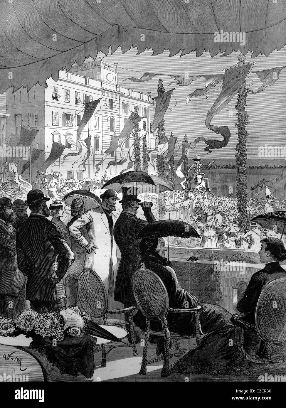 Herr und Frau Gladstone beobachten der Karnevalsumzug in Nizza vom Balkon von der Präfektur, Frankreich, historische Fittings Stockfoto