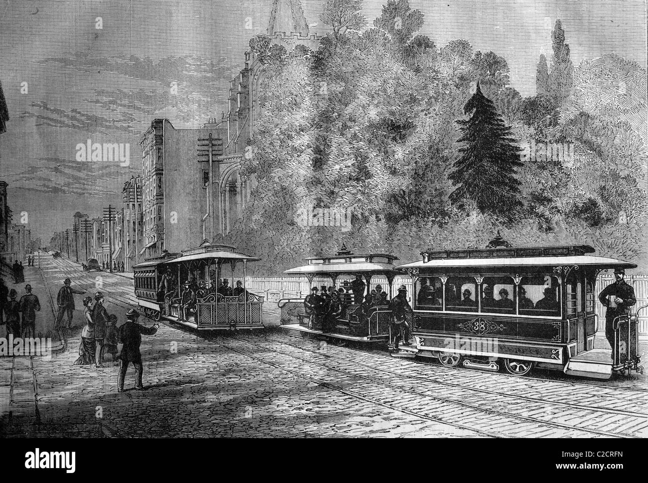 Der Hallidie patent Kabel Straßenbahn System, England, historische Abbildung, 1884 Stockfoto