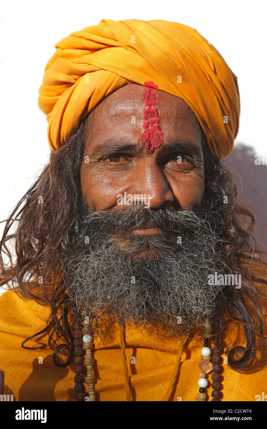 Porträt eines Sadhu, einen hinduistischen heiligen Mann putzt traditionelle Kleidung, Indien Stockfoto