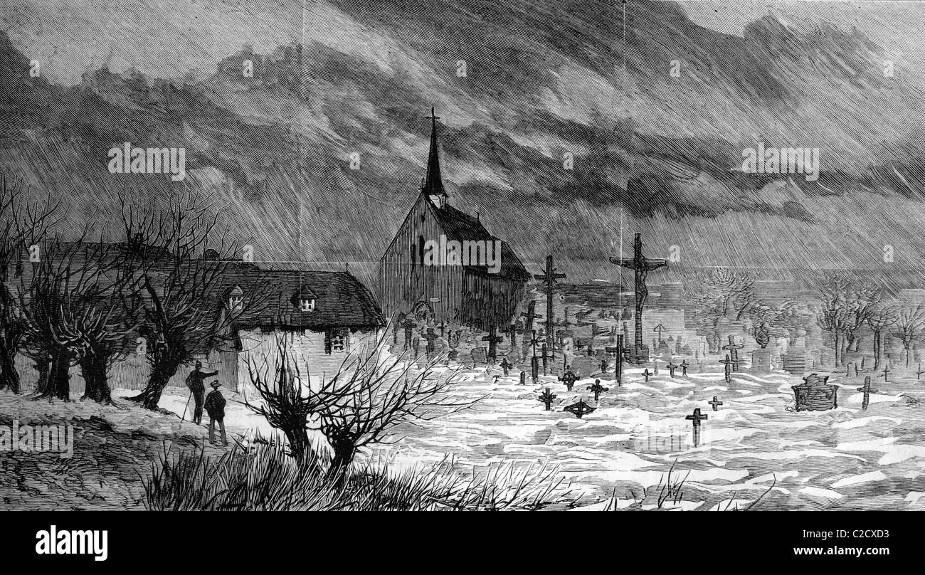 Die Flutkatastrophe in Österreich und Ungarn 1893 einen überfluteten Kirchhof bei Raab, historisches Bild, 1883 Stockfoto