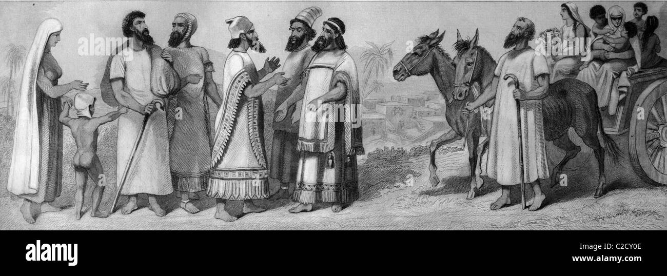 Kulturgeschichte, Menschen aus der Vergangenheit: Hebräer links, rechts alte jüdische Wagen, historische Illustration Stockfoto
