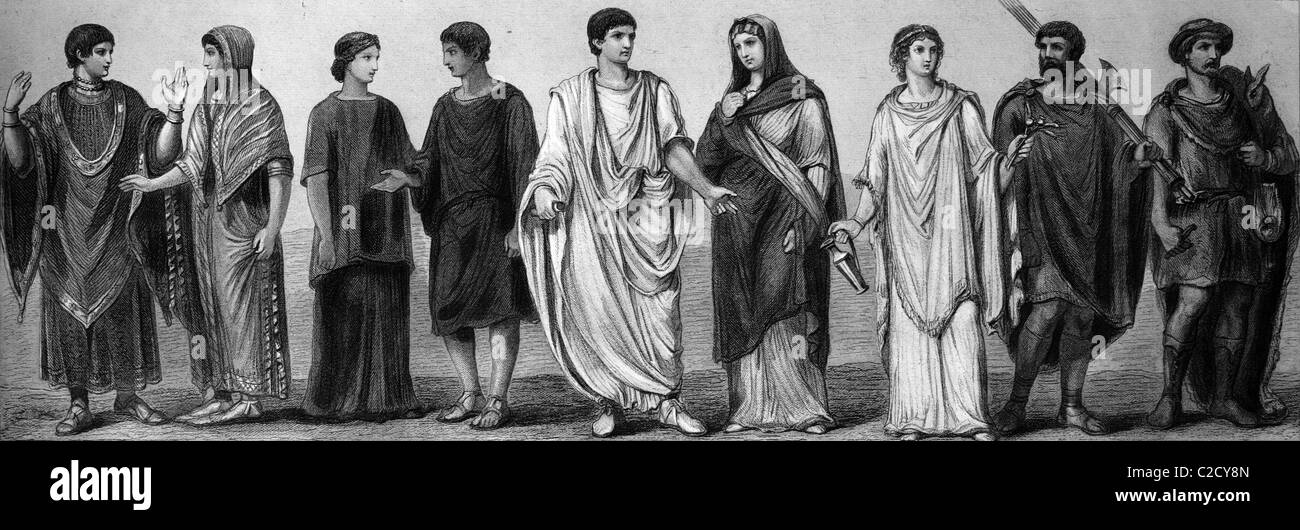 Mode, Kostüme aus alten Zeiten, von links: zwei etruskische Kostüme, römischen Frauen Kostüm, Tunika, Toga, römischen Frauen Costum Stockfoto
