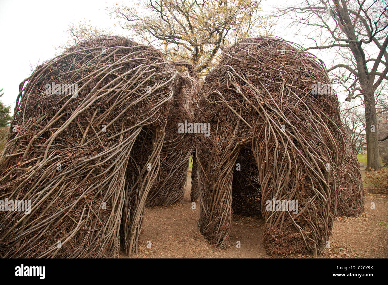Gewebte Holzskulptur im Herbst im Brooklyn Botanic Garden Stockfoto