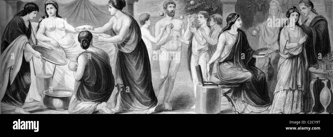 Kulturgeschichte des antiken Roms, von links: das Leben der Frauen, Ballspiel, Künstler, historische Illustration Stockfoto