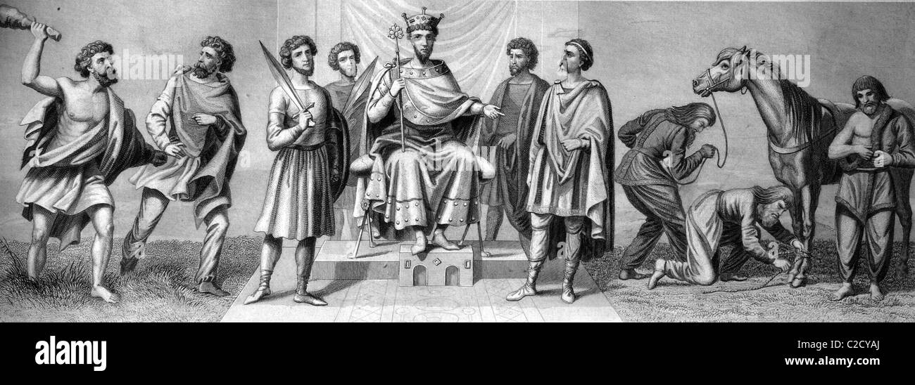 Kulturgeschichte, von links: vorchristliche Gewand des westlichen Europa, Dacier, Langobarden Herzog Arechis, 591-641, mit Umwelt, Fr Stockfoto