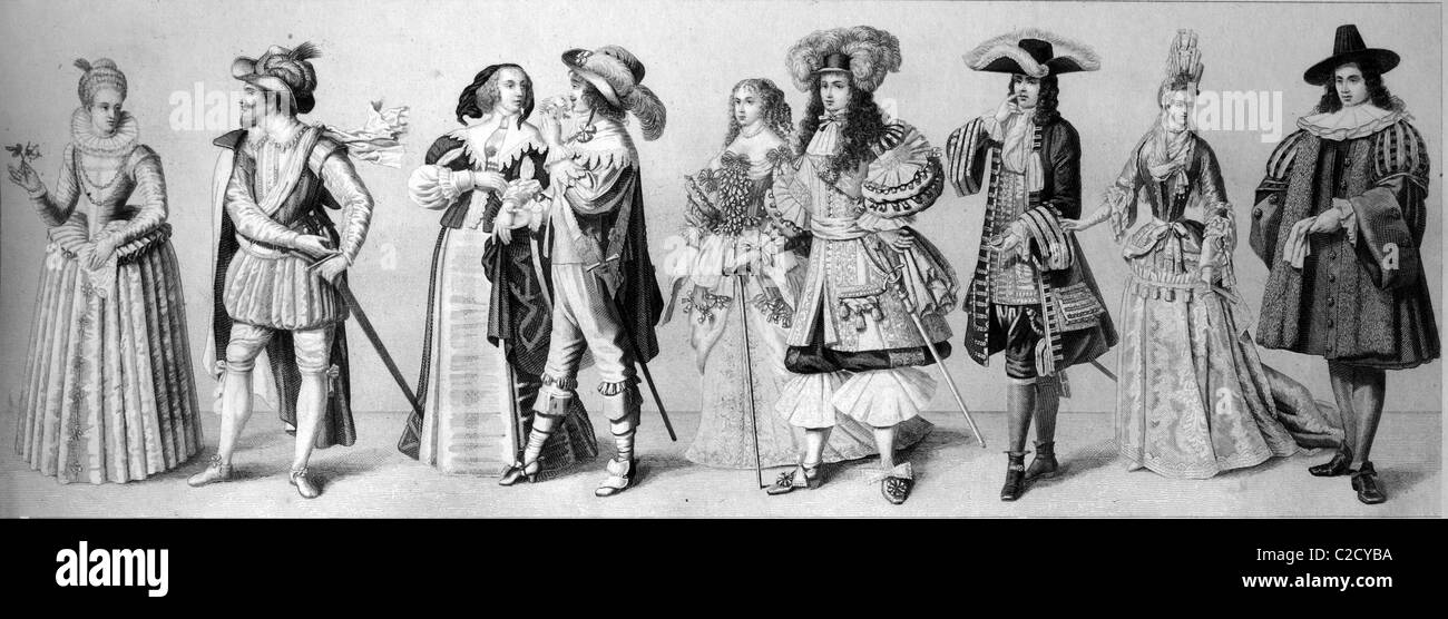 Kulturgeschichte, von links: zwei niederländische Kostüme von 1610, französische Mode 1670, Louis XIV und seine Frau im Jahre 1670, Dandy und Lad Stockfoto
