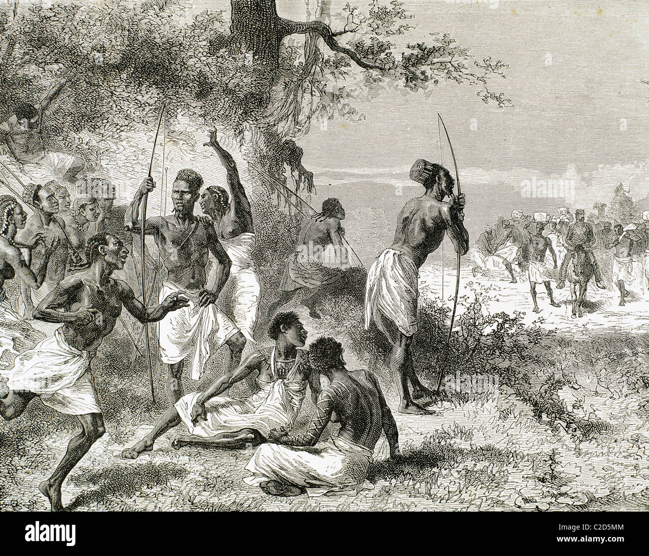 Geschichte Afrikas. Die Karawane von Dr. Livingstone fand eine Gruppe von bewaffneten Eingeborenen. Kupferstich von A. Beatrand. 1882. Stockfoto