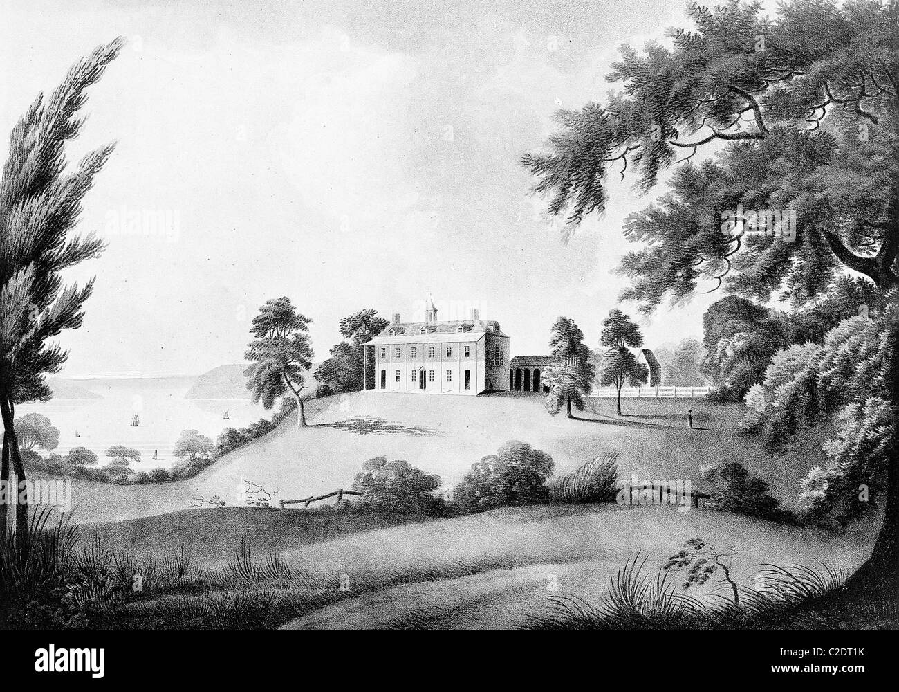 Aquatinta mit Herrenhaus Mount Vernon Stockfoto