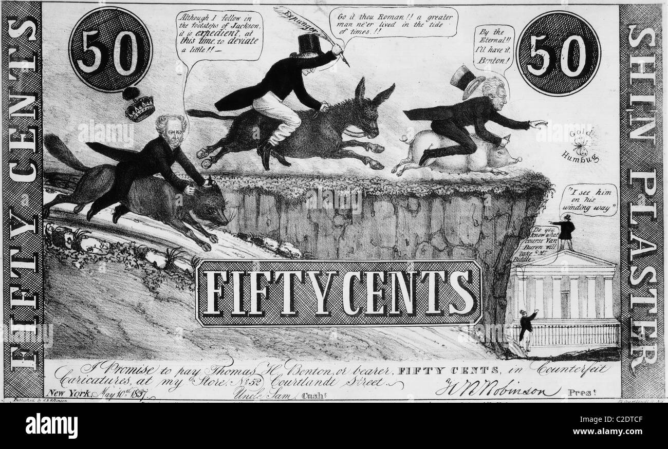 Van Buren, Jackson monetäre Programme, 1837 cartoon Stockfoto