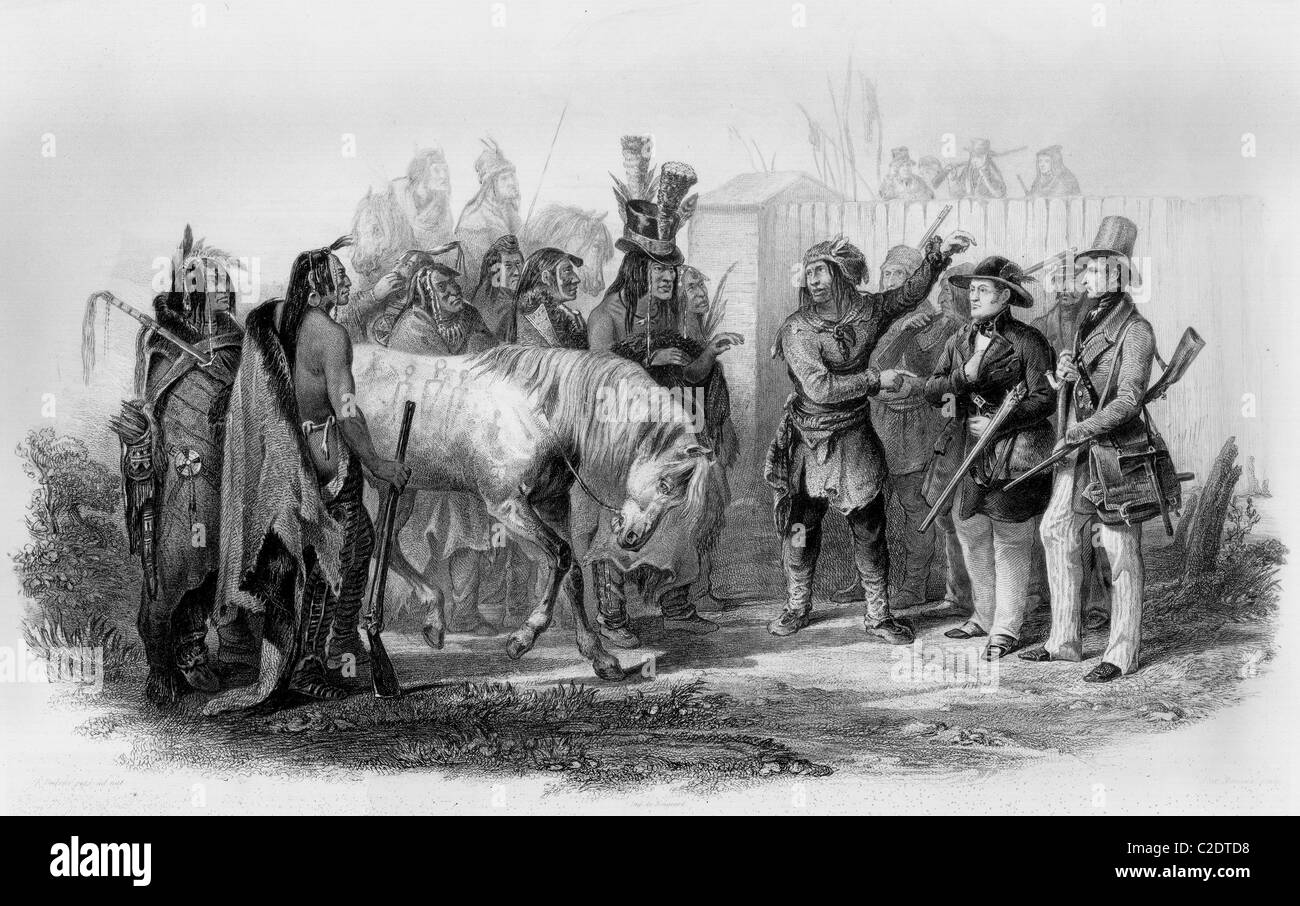 Reisende, die Begegnung mit Minatare Indianer, 1842 Stockfoto