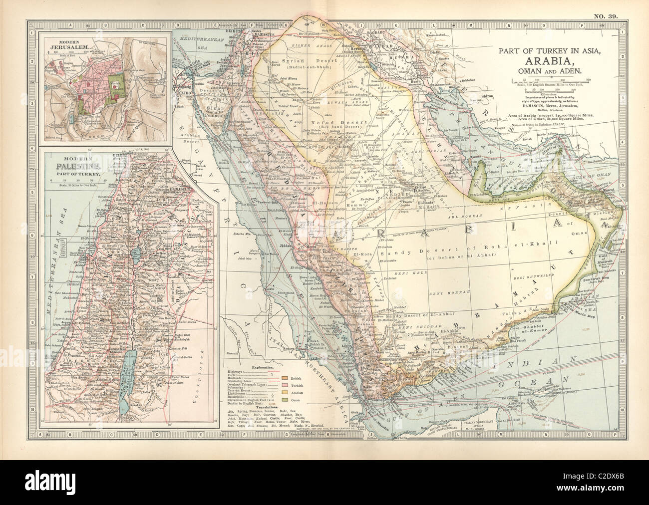 Karte von Arabia mit Teil der Türkei und Oman Stockfoto