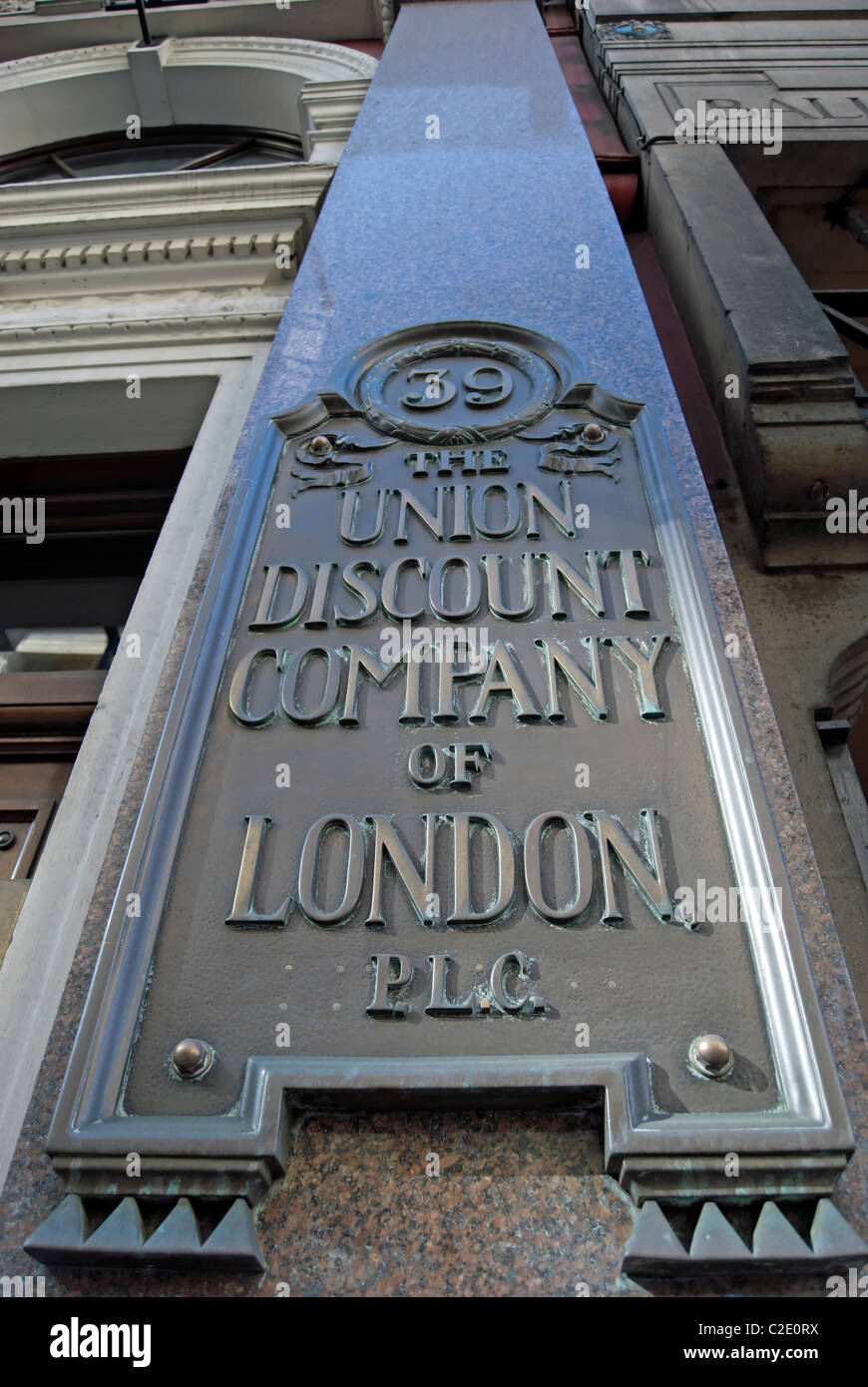 Gedenktafel in Cornhill, City of London von der union Rabatt-Gesellschaft von London, ehemalige Insassen von Nummer 39 Stockfoto