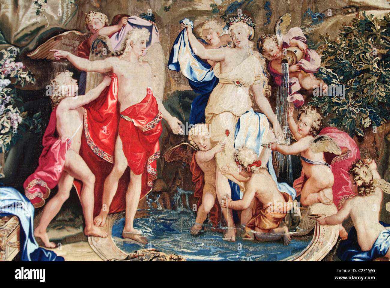 Detail: Amor und Psyche Baden aus einer Reihe von mythologischen Themen nach Giulio Romano, Tapisserie, entworfene 1684 – 86 Stockfoto