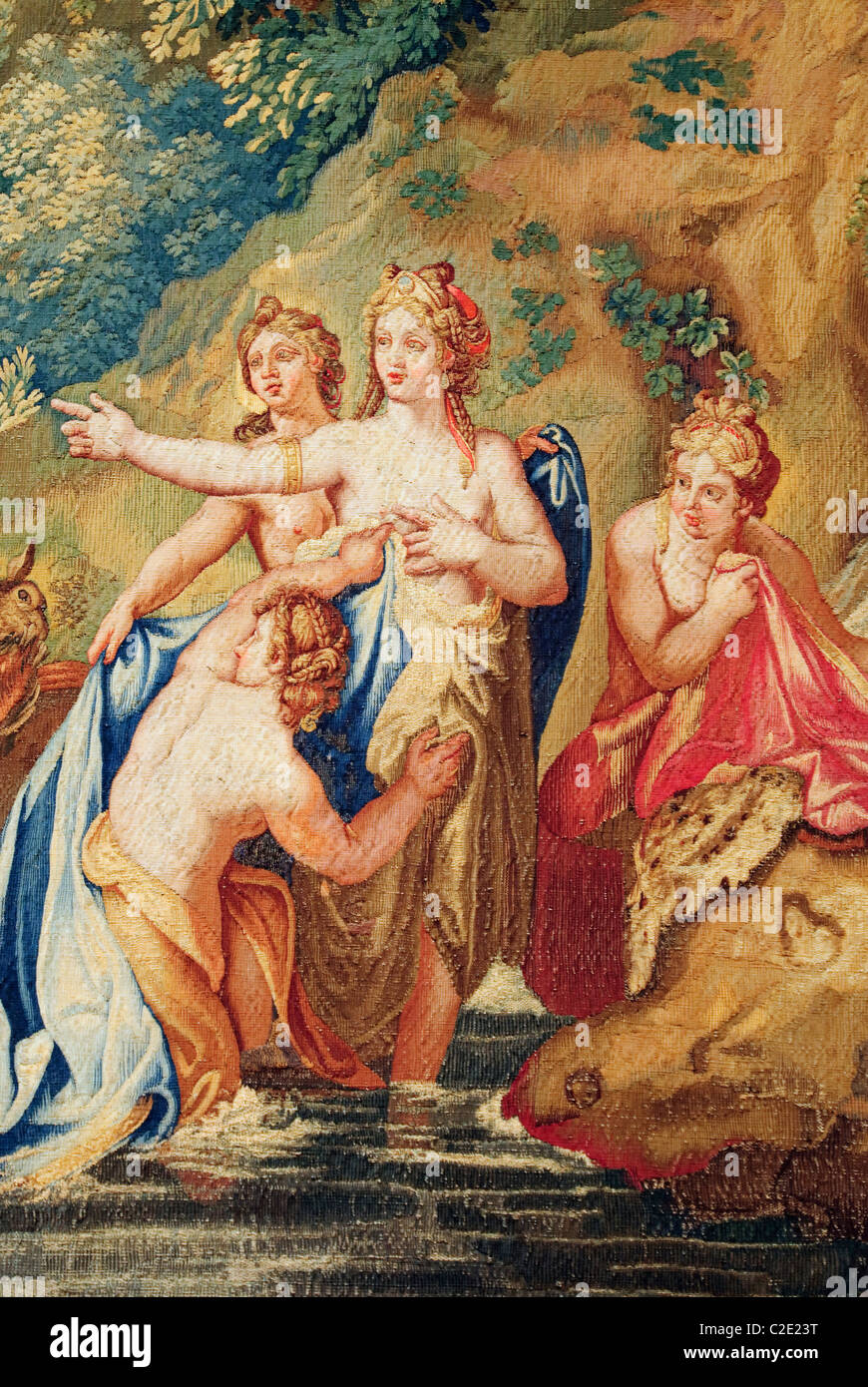 Detail: Diana und Actaeon aus einer Reihe von Ovids Metamorphosen, vor 1680, konstruiert Webstoff Ende 17.-Anfang des 18. Jahrhunderts, Stockfoto
