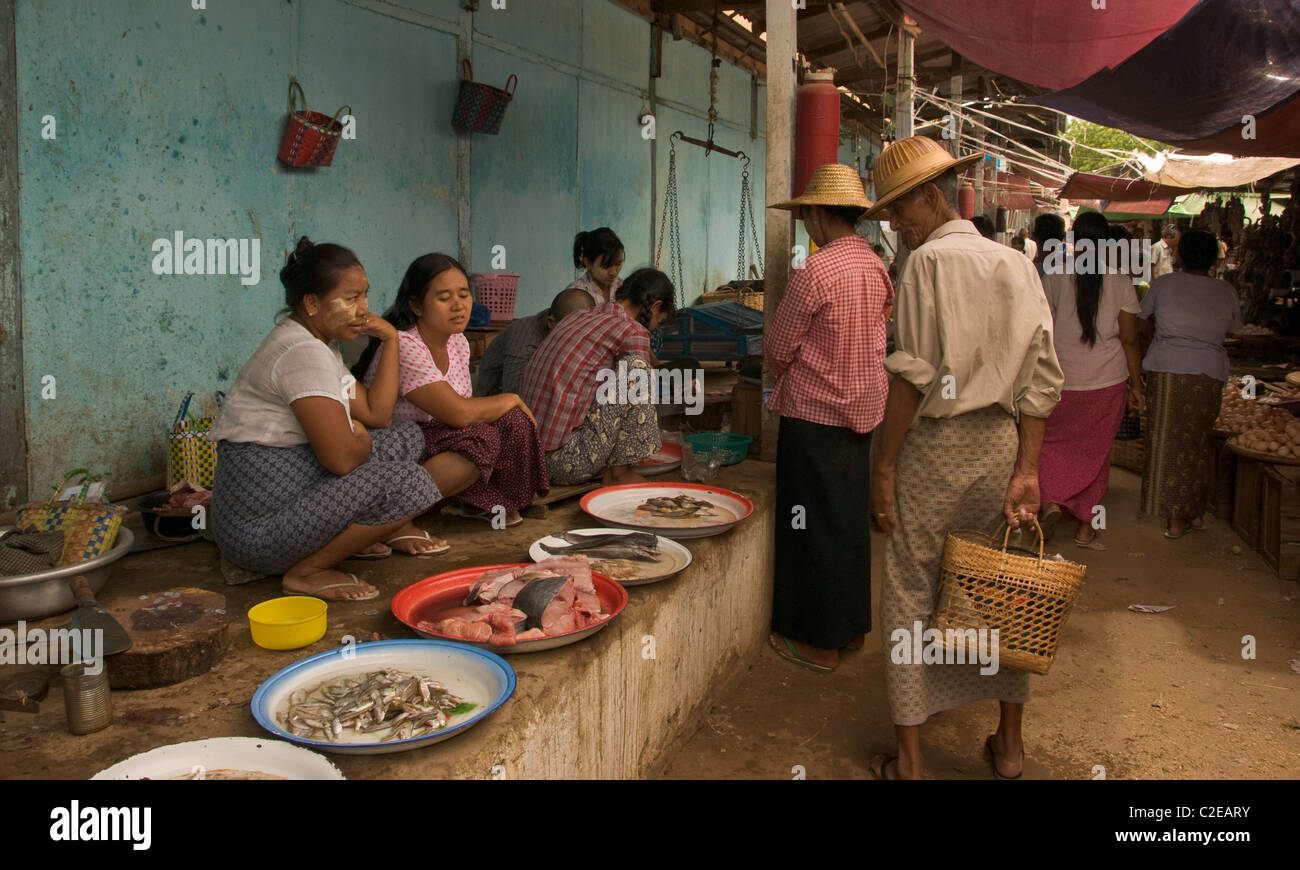 Pyay Myanmar - Juli 2010: Frauen verkaufen Fisch auf dem Markt Straße in Pyay, Myanmar. Stockfoto