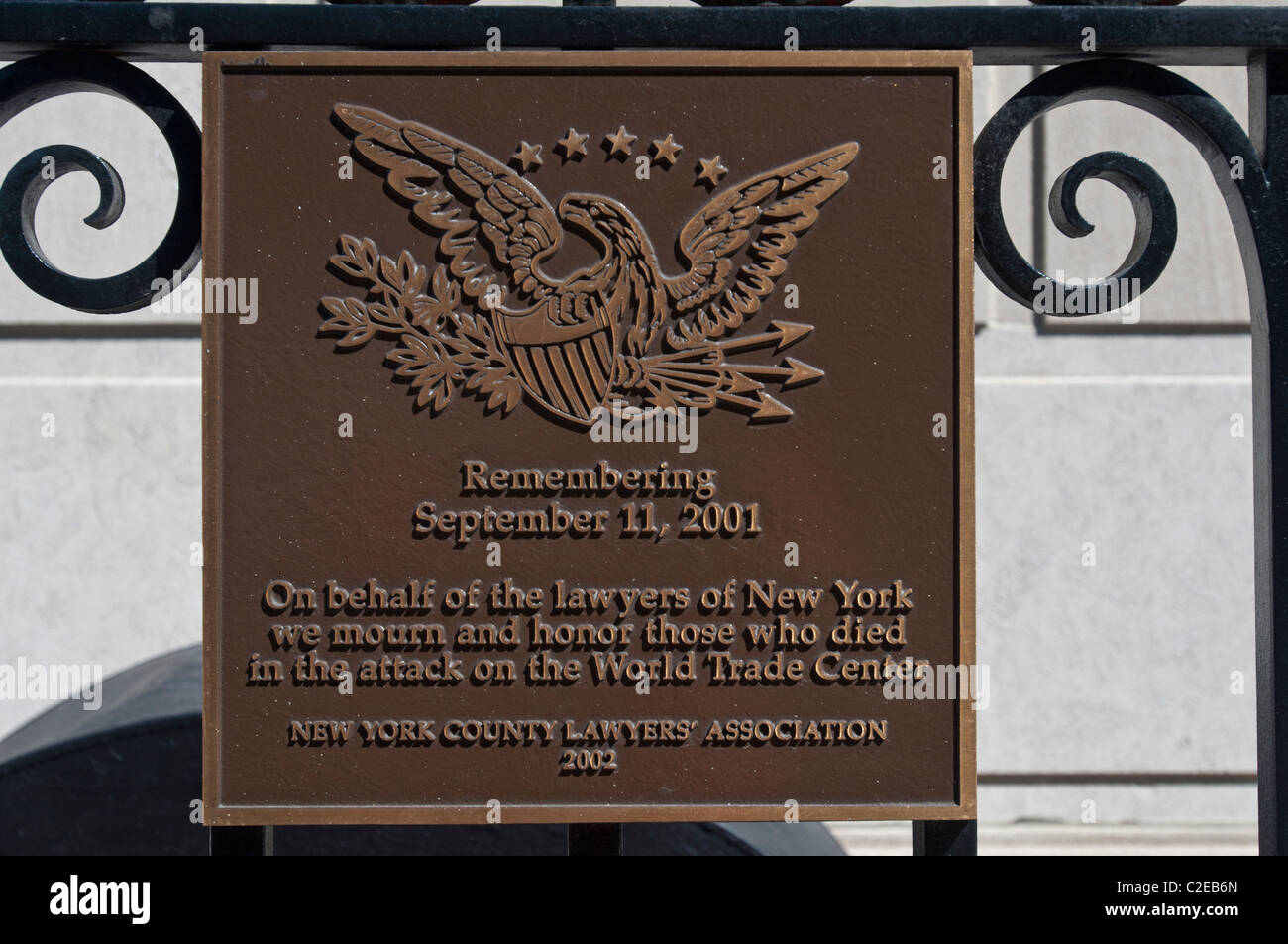 Erinnerung an 11. September 2001 Platte der Rechtsanwälte von New York, New York County Juristenvereinigung, 2002 Stockfoto