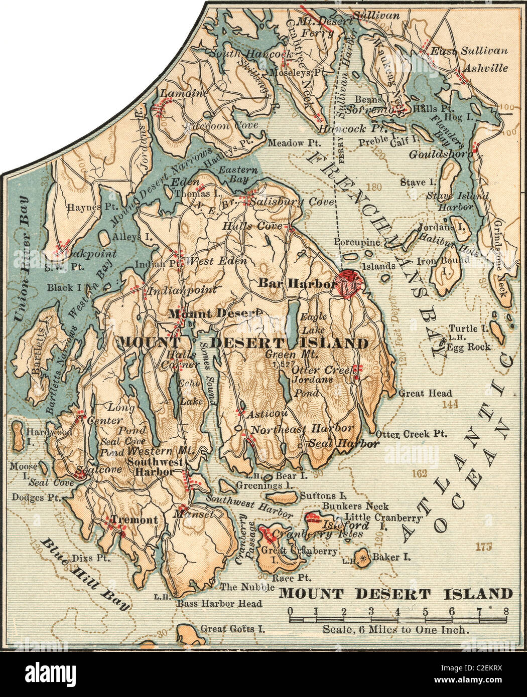 Karte von Mount Desert Island, Maine Stockfoto