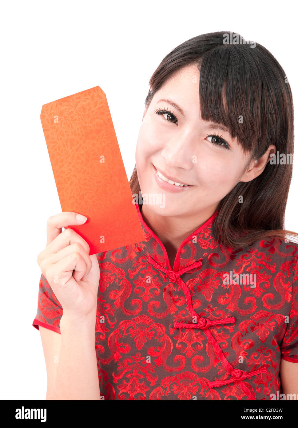 Schöne Asiatin hält rote Tasche für glückliche und reiche Stockfoto