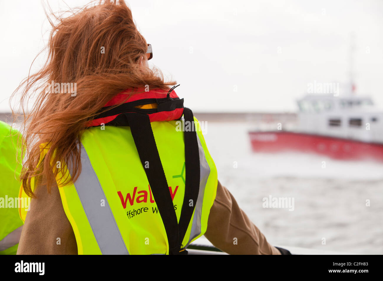 Ein neues Schiff für den Transport von Arbeitern heraus auf den Offshore-Windpark Walney arbeiten. Stockfoto