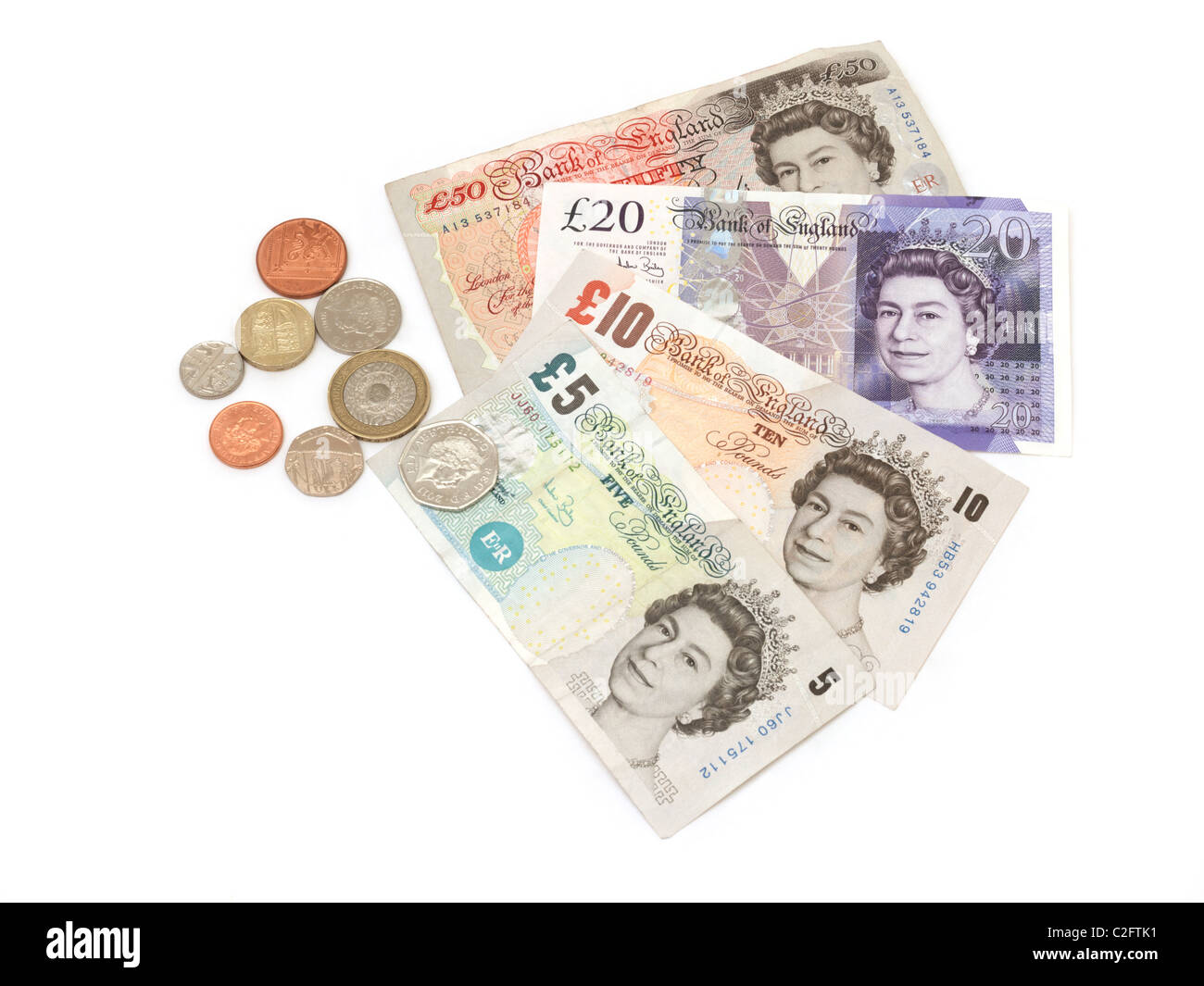 Sterling-Banknoten und-Münzen £5, £10, £20, £50 und 1 Cent, 2 Cent, 5 Cent, 10 Cent, 20 Cent, 50 Pence, £1 Münze und £2 Münze Stockfoto