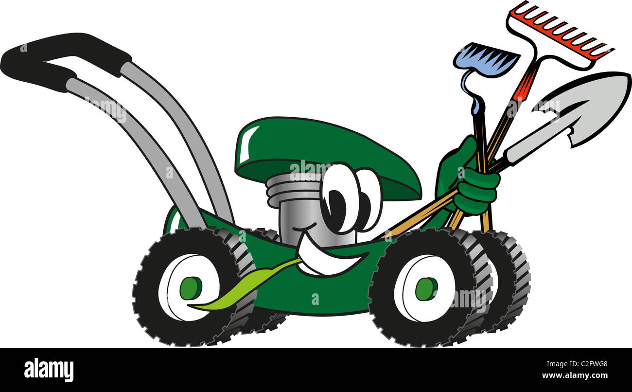 Gardener mowing lawn cartoon Fotos und Bildmaterial in hoher