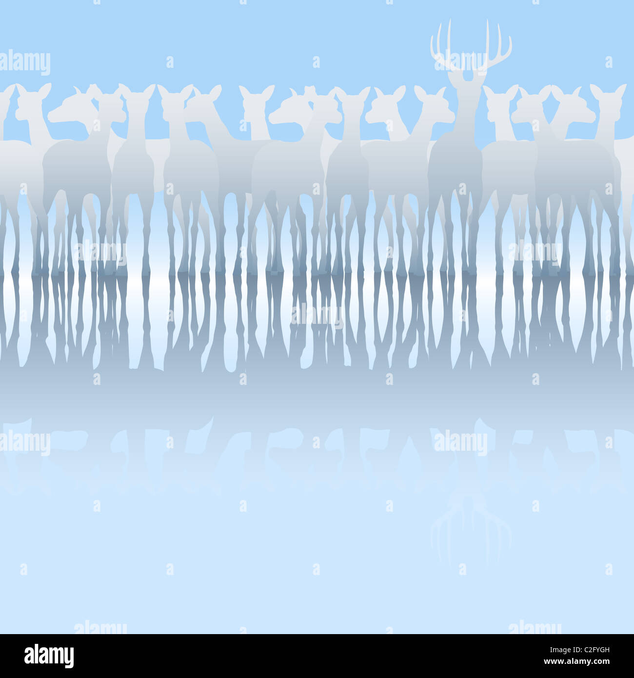 Illustrierte Silhouette einer Herde von Hirschen und Reflexion Stockfoto