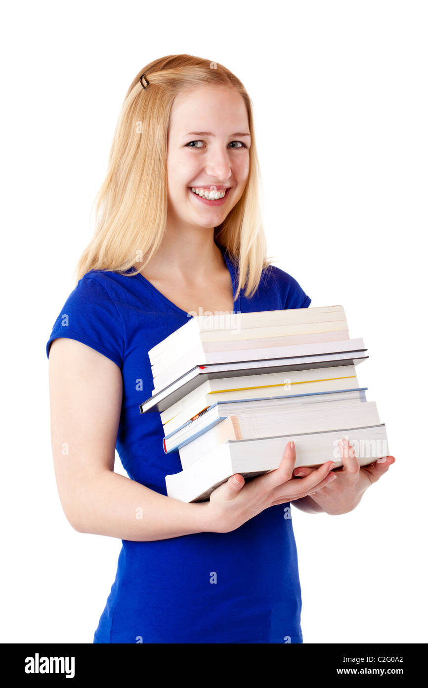 Junge, schöne, blonde Studentin halten Bücher und lächelt. Isoliert auf weißem Hintergrund. Stockfoto