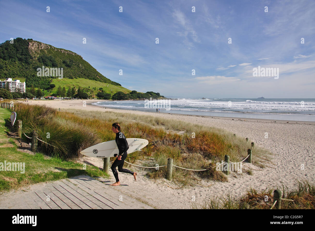 Surfer an der Strandpromenade, Mount Maunganui, Tauranga, Bay of Plenty Region, Nordinsel, Neuseeland Stockfoto